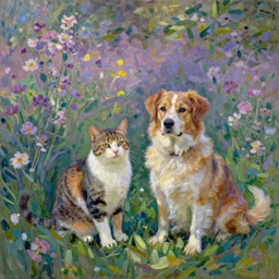 cat and dog are friends and sitting near, in the flowers and grass, paiinting in style of claude monet