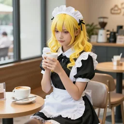 A girl in a maid's outfit in a cafe a afternoon, wavy hair yellow theme,S line,45 angel by mucha and range murata and greg rutkowski