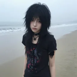 a pale emo goth girl, black hair, on the beach on a foggy day, 2006