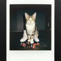 kitten sitting in a roller skate, eighties polaroid, flash photography