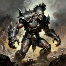 Heavy metal Ork, Orkboy, Ork, 80s metal, mohawk, shaggy hair, New Wave of British Heavy Metal, Frank Frazetta, pulp art, illustration