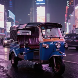 a blue and white tuk tuk in Times Square at night, very hazy, rainy, very diffused lighting, moody, dark purple tones, shallow depth of field, motion blur in background, cyberpunk, retro, style of John Berkey, Norman Rockwell, Hans Thoma, Ivan Shishkin, Tyler Edlin, Thomas Kinkade, 4k