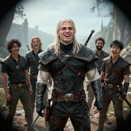 Every Geralt Of Rivia ever laughing at you, Darek Zabrocki, Karlkka, Jayison Devadas, Phuoc Quan, trending on Artstation, 8K, ultra wide angle, pincushion lens effect