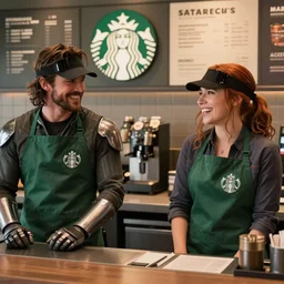 bucky barnes and natasha romanoff working at starbucks, as played by sebastian stan and scarlett Johansson, coworkers, starbucks aprons and visors, daytime, at the counter, laughing, bucky has long hair and a metal arm, green clothing, warmth, friendship, cinematic, ambient lighting,, 8k, scene