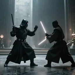 A sith fighting a Jedi in the Jedi temple. Epic, cinematic lighting, dreary, other worldly.