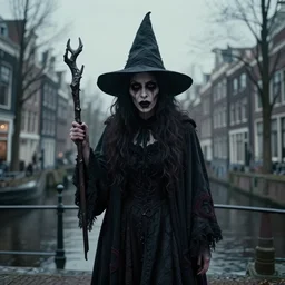 scary old witch in old timey amsterdam