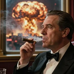 Mr. House, realistic, highly detailed face, looks at the nuclear explosion, from the window of the Lucky 38 Casino and holds a cigar in his hand and smokes, ultra HD, realistic, retro, 45mm, elegant,