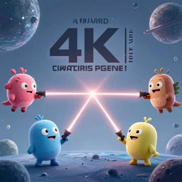 laser war between funny creatures on a planet, digital art, guardians of the galaxy style, centred award winning 4K