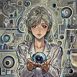 a portrait of a beautiful female scientist in laboratory holding a small black hole in her hands, anime art, symmetrical facial features, symmetrical proportions, illustration, high resolution wallpaper, style by greg rutkowski