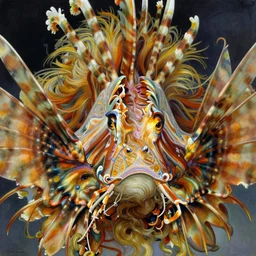 realistic detailed face portrait of an elaborately dressed beautiful lionfish devil by alphonse mucha, ayami kojima, amano, charlie bowater, karol bak, greg hildebrandt, jean delville, and mark brooks, art nouveau, pre - raphaelite, gothic, neogothic, coral reef by ernst haeckel, fantasy character concept design, moody colors