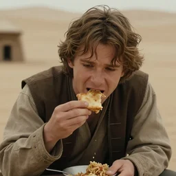 Hayden Christensen as Anakin Skywalker eating sand on Tatooine, close up, 4K photography, cinematographic