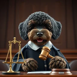 a closeup photorealistic illustration of a smiling knitted bernedoodle judge puppy dressed in a black gown, presiding at the courthouse. scales of justice and a gavel. this 4 k hd image is trending on artstation, featured on behance, well - rendered, extra crisp, features intricate detail, epic composition and the style of unreal engine.