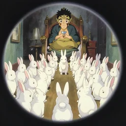 a portal to a room full of human-rabbits, anime film still from the an anime directed by Katsuhiro Otomo with art direction by Salvador Dalí, wide lens
