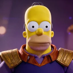 portrait of homer simpson as thanos in infinity war, splash art, movie still, detailed face, photorealistic facial features, cinematic lighting, dramatic, octane render, long lens, shallow depth of field, bokeh, anamorphic lens flare, 8 k, hyper detailed, 3 5 mm film grain