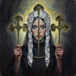 priestess of trefoils and tinfoil. gouache painting by award - winning concept artist. backlighting, chiaroscuro.
