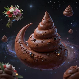 An epic fantastic realism comic book style painting of the most beautiful spiraling human poops launched across the dark and starry galaxy, floating bouquets, fisheye lens, unreal 5, DAZ, hyperrealistic, octane render, dynamic lighting