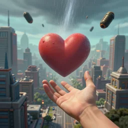hyperrealistic photo of a a cityscape with a large heart in the center, with buildings and bombs raining down from it. in the foreground is a person's hand, reaching out towards the heart, medium angle, in the style of hearthstone game