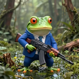 cinematic shot of an anthropomorphic frog wearing a blue suit holding a black ak-47 in a swamp, highly intricate, highly detailed, epic,