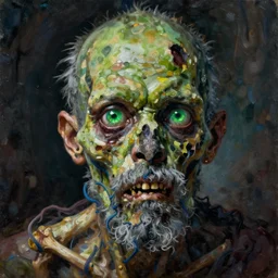 a beautiful oil painting hyperrealism of a decayed zombie head, green bulging eyes, rotten green skin, grey beard, blue veins, skull bones, moody lighting, 8 k resolution, octane render, trending on artstation, by h. r. giger and greg rutkowski hieronymus bosch, joel peter witkin, annie liebovitz, gustave dore