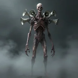 a very thin tall huge creepy humanoid without head and with several megaphones growing from the neck. character concept art, extremely high details, octane render, fog, horror, artstation contest winner, art by zdzislaw beksinski, wayne barlowe, dariusz zawadzki. masterpiece