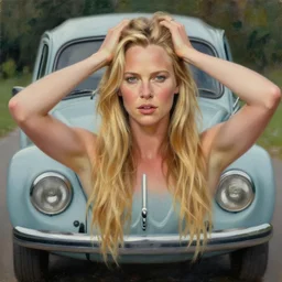 beautiful beautiful charlize theron with long blonde hair locks holds over its head on its two hands old volkswagen beetle, oil on canvas, naturalism