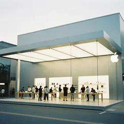 modern apple store in 1966, retro lo-fi film,