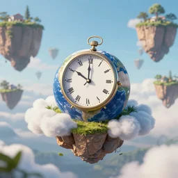 a clock floating on an floating island, there are clouds around, it is on earth, on the background there are other floating islands too, floating at the ozone layer, cartoony, 4 k resolution, award winning