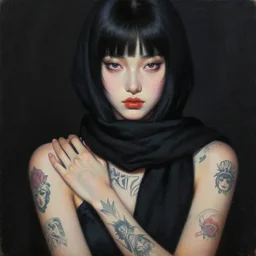 hyperrealism oil painting, close - up portrait fashion model, tattoos all over the skin, wrapped in a black scarf, sad eyes, dark background, in style of classicism mixed with 8 0 s japanese sci - fi books art