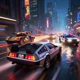 photo of the back to the future delorean being chased by police on wet cyberpunk city streets at night, rocket league tank, mad max, action, speed, volumetric lighting, hdr, gta 5, makoto shinkai, syd mead, borderlands, fast and furious, octane, 8 k, 3. 2 secs at f / 6. 3, iso 1 0 0, 1 2 - 2 4 mm f / 4 at 1 2 mm