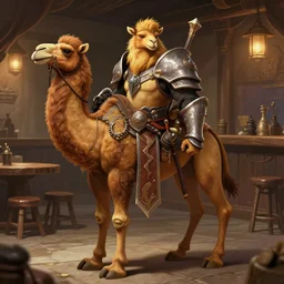full body photograph of a male anthro camel fursona paladin in a tavern, deep focus, intricate, elegant, highly detailed, digital painting, artstation, concept art, matte, sharp focus, illustration, d & d, fantasy, hearthstone, art by artgerm and greg rutkowski and alphonse mucha