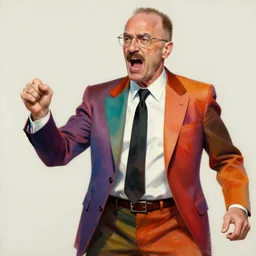 saul goodman in colorful suit, screaming, painting by phil hale, fransico goya, david lynch,'action lines '!!!, graphic style, visible brushstrokes, motion blur, blurry