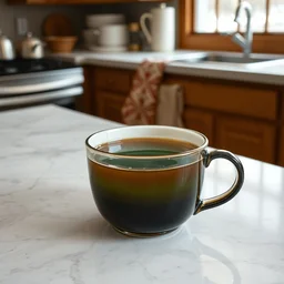grand prismatic springs in a coffee cup sitting on kitchen table