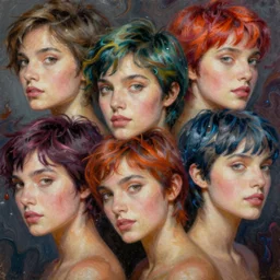 fantastic attractive beautiful spanish women with short hair into fluid infinity variations of colours mass, close - up, mark maggiori, bao phan, jeff dekal, jeff simpson, intricate details, hyperrealistic oil painting on canvas, deep depth field, hd, hdr, 4 k, 8 k