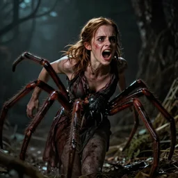 Emma Watson screams in horror as she transforms into a large spider, 4k, realistic horror photography, dark, daily deviation