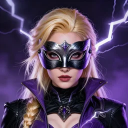 character concept portrait, symmetrical head-on centralized, Dinah Drake, mask, blond, black and violet costume. Detailed, high quality, dynamic lightning, fantasy. Artwork by Artgerm, WLOP, Alex Ross, Greg Rutknowski, Alphonse Mucha