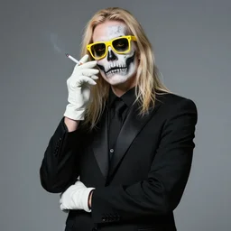 man with black suit, yellow glasses, cigarette, skull make - up, white leather gloves, long blonde hair, by greg rutkowski, trending on artstation