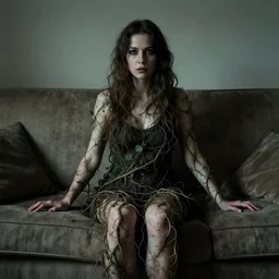 a dark moody photo of a woman sitting on a living room couch facing the camera with her body covered with vines and roots