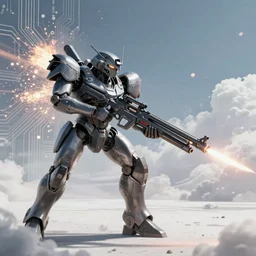 armored core 4, rifle, laser blade, long - shot, sky, white ground, cloud, day light, bokeh, circuitry, explosion, dramatic, intricate, artstation, concept art, smooth, sharp focus, illustration, by john carpenter octane render