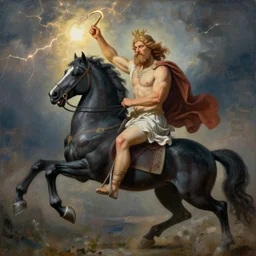 painted portrait of zeus! god of thunder riding black horse, masterpiece