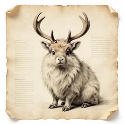 professional vintage colored sketch of a fuzzy creature with antlers with full descriptions, on parchment, 8K, HD