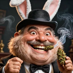 hyper realistic, close up portrait of a explosive mega derpy mr. bean, big chungus, with bunny ears, and a small bowler hat, smoking massive amounts of weed, big smile, buck teeth, by greg rutkowski, scott m fischer, artgerm, loish, slight glow, atmospheric, anne stokes, alexandros pyromallis, 4 k, 8 k