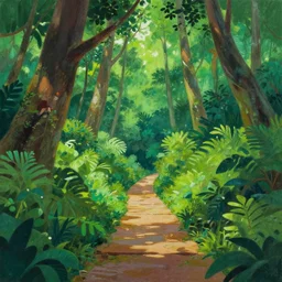 landscape forest deep jungle walkway panorama, gouache painting illustration from bambi by kazuo oga trending on artstation