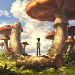 isekai masterpiece anime boy standing tree log looking up at colossal mushrooms, high noon, cinematic, very warm colors, intense shadows, layered stratocumulus clouds, anime illustration, anime screenshot composite background