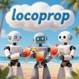three robots in hawaii drinking cocktails. there is the word locoprop written on the clouds.
