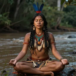 a beautiful indigenous woman meditating near the amazon river, art by christophe vacher