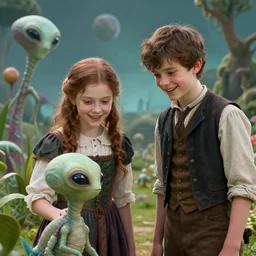 a girl and a boy standing next to some alien plants, looking happy, wearing 1860s era clothes, they are playing with their small pet alien creature, in a park on a alien planet, extremely high details, ultra realistic facial details, in focus faces, hyperrealistic, octane render, 8k