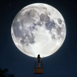 a huge hyperrealistic detailed, cinematic, glowing 3 d scene of a realistic moon, hot air balloon tied to a woman. the woman is in a mid shot, in a detailed night sky by kuvshinov and bilibin, karol back, barclay shaw