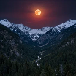 A heavily-forested valley surrounded by snow-capped mountains, nighttime, orange moon, red nebula, no clouds, sci-fi, photorealistic, landscape
