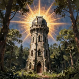 abandoned wizard tower standing alone in a clearing in the woods medival observatory