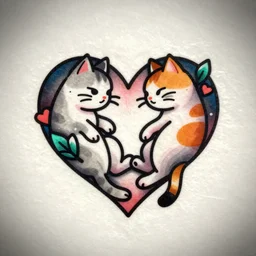 cute tattoo two cats lying in the shape of a heart, neotraditional modern minimalist, instagram highlights, flash sheet, colorful